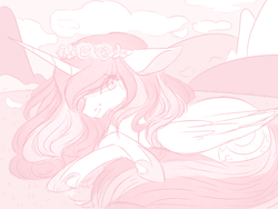 Size: 1600x1200 | Tagged: safe, artist:taligintou, princess celestia, alicorn, pony, g4, 30 minute art challenge, ethereal mane, female, flower, flower in hair, galaxy mane, mare, monochrome, outdoors, sketch, solo, sparkles
