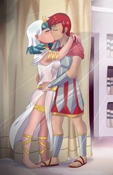 Size: 717x1113 | Tagged: safe, artist:thebrokencog, flash magnus, somnambula, human, g4, barefoot, breasts, clothes, duo, eyes closed, feet, female, humanized, kiss on the lips, kissing, magnambula, male, see-through, shipping, straight