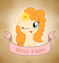 Size: 1936x2048 | Tagged: dead source, safe, artist:php142, pear butter, earth pony, pony, g4, accessory, best pony, bust, cute, female, flower, flower in hair, gradient background, happy, heart eyes, looking at you, one eye closed, solo, text, wingding eyes, wink