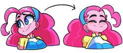 Size: 2015x873 | Tagged: safe, artist:sourspot, pinkie pie, equestria girls, g4, aside glance, bust, cute, diapinkes, ear piercing, eyes closed, female, hairband, piercing, simple background, smiling, solo, white background