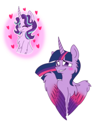Size: 2100x2800 | Tagged: safe, artist:lolwise, starlight glimmer, twilight sparkle, alicorn, pony, unicorn, g4, blushing, bust, female, fluffy, heart, heart eyes, high res, lesbian, one eye closed, ship:twistarlight, shipping, simple background, transparent background, twilight sparkle (alicorn), wingding eyes, wink