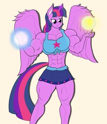 Size: 1572x1809 | Tagged: safe, artist:matchstickman, twilight sparkle, alicorn, anthro, g4, abs, biceps, breasts, busty twilight sparkle, clothes, deltoids, female, magic, mare, muscles, simple background, solo, sports bra, thunder thighs, twilight muscle, twilight sparkle (alicorn)