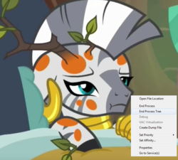 Size: 726x652 | Tagged: safe, edit, edited screencap, screencap, zecora, pony, zebra, a health of information, g4, :t, bed, branches, cropped, female, mare, meme, microsoft windows, pun, sick, solo, swamp fever, this will end in tears and/or death, tree branch, windows 10, zecora's hut