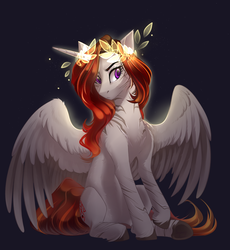 Size: 2707x2939 | Tagged: safe, artist:mp-printer, oc, oc only, alicorn, pony, alicorn oc, black background, body markings, dark background, facial markings, high res, laurel wreath, purple eyes, red mane, simple background, sitting, solo, stripes, wary, white coat
