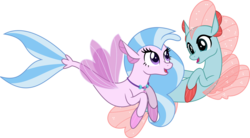 Size: 5679x3133 | Tagged: safe, artist:jhayarr23, ocellus, silverstream, changedling, changeling, seapony (g4), g4, non-compete clause, cute, diaocelles, diastreamies, disguise, disguised changeling, duo, female, fin wings, fins, jewelry, necklace, sea ponies, seaponified, seapony ocellus, seapony silverstream, seashell necklace, simple background, smiling, species swap, transparent background, vector