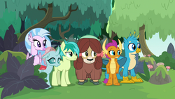 Size: 1280x720 | Tagged: safe, screencap, gallus, ocellus, sandbar, silverstream, smolder, yona, changedling, changeling, classical hippogriff, dragon, earth pony, griffon, hippogriff, pony, yak, g4, non-compete clause, student six
