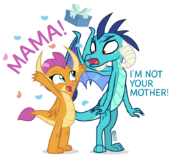 Size: 900x840 | Tagged: safe, artist:dm29, princess ember, smolder, dragon, g4, confetti, dialogue, dragoness, duo, female, happy, implied adoption, implied mother and daughter, looking at each other, mother's day, open mouth, present, simple background, smiling, transparent background