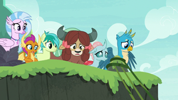 Size: 1280x720 | Tagged: safe, screencap, gallus, ocellus, sandbar, silverstream, smolder, yona, changedling, changeling, classical hippogriff, dragon, earth pony, griffon, hippogriff, pony, yak, g4, non-compete clause, student six, worried