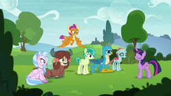 Size: 1280x720 | Tagged: safe, screencap, gallus, ocellus, sandbar, silverstream, smolder, twilight sparkle, yona, alicorn, changedling, changeling, classical hippogriff, dragon, earth pony, griffon, hippogriff, pony, yak, g4, non-compete clause, cloven hooves, dragoness, female, male, mare, student six, teenager, twilight sparkle (alicorn)