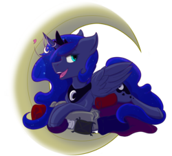 Size: 3278x2975 | Tagged: safe, artist:lula-moonarts, princess luna, alicorn, pony, crescent moon, ethereal mane, female, horn jewelry, jewelry, mare, moon, pillow, prone, simple background, smiling, starry mane, tangible heavenly object, transparent background