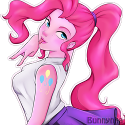 Size: 2000x2000 | Tagged: safe, artist:bunnynha, pinkie pie, human, equestria girls, g4, beautiful, blouse, breasts, busty pinkie pie, clothes, cute, female, high res, humanized, moe, pony coloring, ponytail, pose, signature, simple background, skirt, solo, tongue out, transparent background