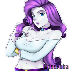 Size: 2000x2000 | Tagged: safe, artist:bunnynha, rarity, human, g4, belly button, breasts, busty rarity, choker, cleavage, clothes, female, high res, humanized, lipstick, midriff, pony coloring, shirt, signature, simple background, solo, transparent background