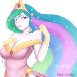 Size: 2000x2000 | Tagged: safe, artist:bunnynha, princess celestia, human, g4, breasts, busty princess celestia, clothes, dress, female, gloves, high res, humanized, pony coloring, signature, simple background, smiling, solo, transparent background