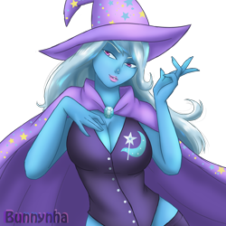 Size: 2000x2000 | Tagged: safe, artist:bunnynha, trixie, human, g4, breasts, busty trixie, cape, cleavage, clothes, female, hat, high res, humanized, leotard, lipstick, pink lipstick, pony coloring, signature, simple background, socks, solo, thigh highs, transparent background, trixie's cape, trixie's hat