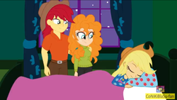 Size: 1136x640 | Tagged: safe, artist:conikiblasu-fan, applejack, bright mac, pear butter, equestria girls, g4, clothes, creepy, equestria girls-ified, family, father and child, father and daughter, female, footed sleeper, male, mother and child, mother and daughter, onesie, pajamas, parent, sad, sleeping, the apple family reunited, watching while you sleep, youtube link