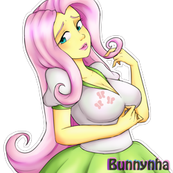 Size: 2000x2000 | Tagged: safe, artist:bunnynha, fluttershy, human, g4, blushing, breasts, busty fluttershy, cleavage, cutie mark on clothes, female, high res, humanized, pony coloring, simple background, transparent background