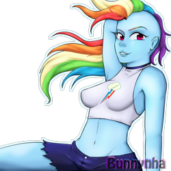 Size: 2000x2000 | Tagged: safe, artist:bunnynha, rainbow dash, human, g4, alternate hairstyle, arm behind head, armpits, belly button, female, high res, humanized, midriff, pony coloring, simple background, solo, transparent background