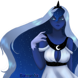 Size: 2000x2000 | Tagged: safe, artist:bunnynha, princess luna, human, g4, breasts, cleavage, ethereal mane, female, high res, humanized, pony coloring, simple background, starry mane, transparent background