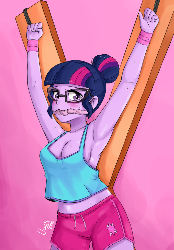 1732323 - suggestive, artist:lleyx, sci-twi, twilight sparkle, equestria  girls, g4, armpits, bondage, bondage cross, breasts, busty twilight  sparkle, cleave gag, clothes, female, gag, glasses, looking at you, solo,  solo female, sports shorts