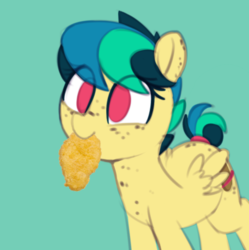 Size: 747x749 | Tagged: safe, artist:shinodage, edit, oc, oc only, oc:apogee, pegasus, pony, aponugget, chicken nugget, female, filly, food, freckles, solo