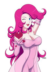 Size: 914x1280 | Tagged: safe, artist:sketchbits, pinkie pie, human, g4, 2014, armpits, big breasts, breasts, busty pinkie pie, clothes, dress, gloves, happy, heart, humanized, one eye closed, pink dress, simple background, wink