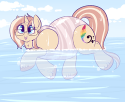 Size: 950x775 | Tagged: safe, artist:lulubell, oc, oc only, oc:lulubell, pony, unicorn, clothes, cute, double chin, fat, freckles, simple background, solo, swimming, swimsuit, wet mane