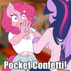 Size: 2000x2000 | Tagged: safe, artist:evehly, pinkie pie, twilight sparkle, alicorn, earth pony, anthro, g4, belly button, blurry background, breasts, busty pinkie pie, cleavage, clothes, colored wings, colored wingtips, confetti, dale gribble, duo, female, front knot midriff, frown, glare, high res, image macro, impact font, king of the hill, meme, midriff, open mouth, pants, pocket confetti, pocket sand, shirt, text, twilight sparkle (alicorn), wide eyes