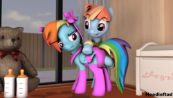 Size: 3840x2160 | Tagged: safe, artist:hoodieftad, rainbow dash, windy whistles, pegasus, pony, g4, 3d, abdl, adult foal, baby bottle, bib, bound wings, bow, clothes, diaper, diaper check, female, fetish, grin, hair bow, high res, mother and child, mother and daughter, nursery, pink socks, poofy diaper, rainbow dash always dresses in style, rainbow dash is not amused, ribbon, smiling, socks, source filmmaker, teddy bear, toy box, unamused