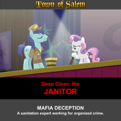 Size: 1920x1920 | Tagged: safe, artist:twilightsporckle, deep clean, sweetie belle, earth pony, pony, unicorn, g4, clothes, eyes closed, female, filly, foal, hat, male, stallion, town of salem