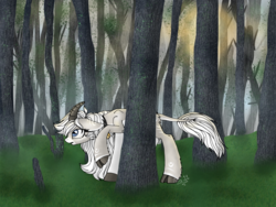 Size: 2048x1536 | Tagged: safe, artist:melonseed11, oc, oc only, oc:misty dawn, goat pony, pony, cloven hooves, female, forest, horns, solo, tree