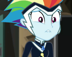 Size: 907x720 | Tagged: safe, screencap, rainbow dash, zapp, equestria girls, equestria girls specials, g4, my little pony equestria girls: movie magic, animated, clothes, costume, cropped, cute, dashabetes, female, geode of super speed, gif, lip bite, magical geodes, nervous, power ponies, solo
