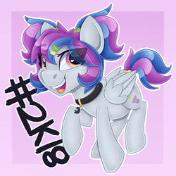 Size: 4000x4000 | Tagged: safe, artist:partypievt, oc, oc only, oc:aerial soundwaves, pegasus, pony, abstract background, choker, eye clipping through hair, female, hairclip, heart eyes, looking at you, mare, multicolored hair, multicolored mane, multicolored tail, open mouth, ponytail, ponyvillefm, record, scrunchie, simple background, smiling, solo, wingding eyes