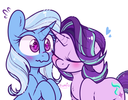Size: 712x554 | Tagged: safe, artist:esmeia, starlight glimmer, trixie, pony, unicorn, g4, blushing, cute, daaaaaaaaaaaw, diatrixes, duo, eyes closed, female, floating heart, floppy ears, friendship, glimmerbetes, heart, heart eyes, horn, horns are touching, lesbian, mare, ship:startrix, shipping, simple background, sweat, wavy mouth, white background, wingding eyes