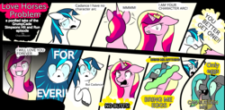 Size: 3302x1623 | Tagged: safe, artist:chaosmauser, princess cadance, queen chrysalis, shining armor, g4, comic, game grumps, grumpcade, male, oneyplays, the simpsons, transformation