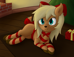 Size: 1280x982 | Tagged: safe, artist:deerdraw, oc, oc only, oc:doe, deer, deer pony, original species, bow, christmas, cute, female, freckles, gift wrapped, holiday, looking at you, lying down, present, ribbon, smiling, solo, tree