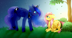 Size: 3420x1806 | Tagged: safe, artist:twinkepaint, fluttershy, princess luna, alicorn, pegasus, pony, g4, crouching, day, duo, female, floppy ears, folded wings, grass, hair over one eye, high res, looking at each other, mare, night, outdoors, stars, tree, wings
