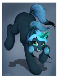 Size: 2009x2673 | Tagged: dead source, safe, artist:evomanaphy, oc, oc only, pony, unicorn, commission, evil smile, female, glowing horn, grin, high res, horn, looking at you, mare, sharp teeth, smiling, solo, teeth