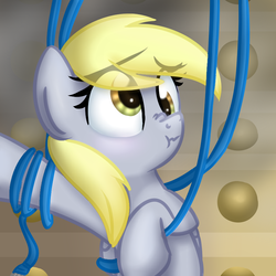 Size: 801x800 | Tagged: safe, artist:lbrcloud, derpy hooves, pegasus, pony, g4, bust, eye clipping through hair, female, mare, scrunchy face, solo, tangled up