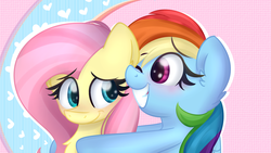 Size: 1024x576 | Tagged: safe, artist:lbrcloud, fluttershy, rainbow dash, pegasus, pony, g4, abstract background, blushing, bust, chest fluff, cute, dashabetes, ear fluff, female, hug, lesbian, looking at each other, mare, ship:flutterdash, shipping, shyabetes, smiling