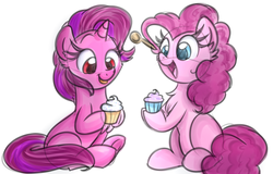 Size: 1024x657 | Tagged: safe, artist:lbrcloud, pinkie pie, oc, earth pony, pony, unicorn, g4, chest fluff, colored sketch, cupcake, duo, duo female, female, food, hoof hold, mare, open mouth, simple background, sitting, smiling, white background