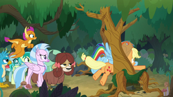 Size: 1280x720 | Tagged: safe, screencap, applejack, gallus, ocellus, rainbow dash, sandbar, silverstream, smolder, yona, changedling, changeling, dragon, earth pony, griffon, pegasus, pony, yak, g4, non-compete clause, applejack's hat, butt, buttstuck, cowboy hat, displeased, dragoness, female, gallus is not amused, hat, how embarrassing, idiot, male, mare, monkey swings, plot, silly, silly pony, so ridiculous it's funny, stetson, stuck, stuck between trees, student six, teenaged dragon, teenager, tied tail, unamused, yona is not amused