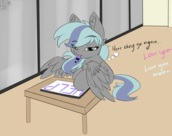 Size: 1200x949 | Tagged: safe, artist:aurorafang, oc, oc only, oc:cherishquill, pegasus, pony, dialogue, female, filly, flat colors, house, mare, marker, mute, whiteboard, window