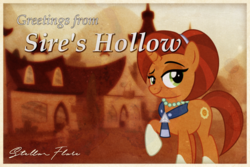 Size: 1620x1080 | Tagged: safe, artist:foxmaister, stellar flare, pony, unicorn, g4, the parent map, female, greeting card, greetings, jewelry, looking at you, mother, necklace, postcard, sire's hollow, stellar milf, village