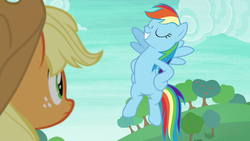 Size: 1280x720 | Tagged: safe, screencap, applejack, rainbow dash, earth pony, pegasus, pony, g4, non-compete clause, eyes closed, female, flying, freckles, happy, hooves on hips, mare, pose, proud, rainboast dash, smiling, spread wings, wings