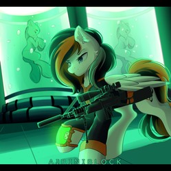 Size: 1276x1280 | Tagged: safe, artist:airiniblock, oc, oc only, oc:rainy sky, pegasus, pony, rcf community, clothes, ear fluff, fallout, fanfic, fanfic art, female, gun, hooves, jumpsuit, mare, optical sight, pipbuck, rifle, sniper rifle, solo, vault suit, weapon, wings