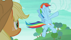 Size: 1280x720 | Tagged: safe, screencap, applejack, rainbow dash, earth pony, pegasus, pony, g4, non-compete clause, butt, eyes closed, female, flying, freckles, mare, open mouth, plot, pose, rainboast dash, raised hoof, spread wings, wings