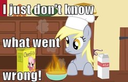 Size: 500x320 | Tagged: safe, artist:ohitison, edit, cheerilee, derpy hooves, g4, cereal box, epic fail, fail, fire, food, funny, i just don't know what went wrong, image macro, impact font, male, meme, milk, simpsons did it, the simpsons, writing