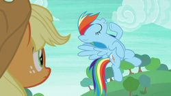 Size: 1280x720 | Tagged: safe, screencap, applejack, rainbow dash, earth pony, pegasus, pony, g4, non-compete clause, eyes closed, female, flying, freckles, mare, pose, rainboast dash, raised hoof, spread wings, wings