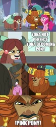 Size: 500x1125 | Tagged: safe, edit, edited screencap, screencap, pinkie pie, prince rutherford, yona, earth pony, pony, yak, g4, not asking for trouble, party pooped, school daze, cloven hooves, comic, female, male, mare, mouth hold, screencap comic