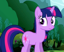 Size: 662x536 | Tagged: safe, screencap, twilight sparkle, pony, unicorn, g4, magic duel, cropped, female, looking back, mare, solo, surprised, unicorn twilight, weeping willow, wide eyes